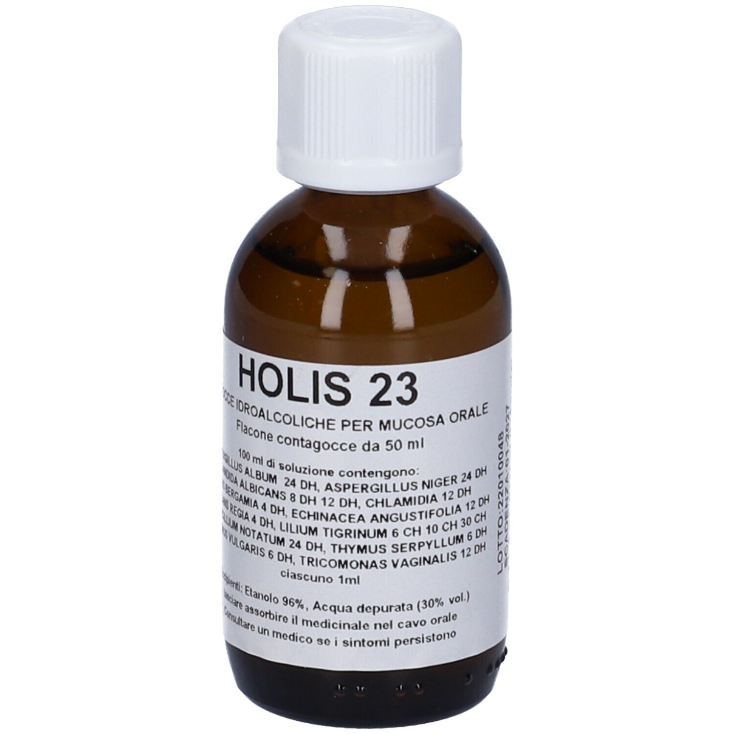Flacone di vetro marrone con tappo bianco. Etichetta con testo: Holis 23, gocce per mucosa orale. Contiene ingredienti.