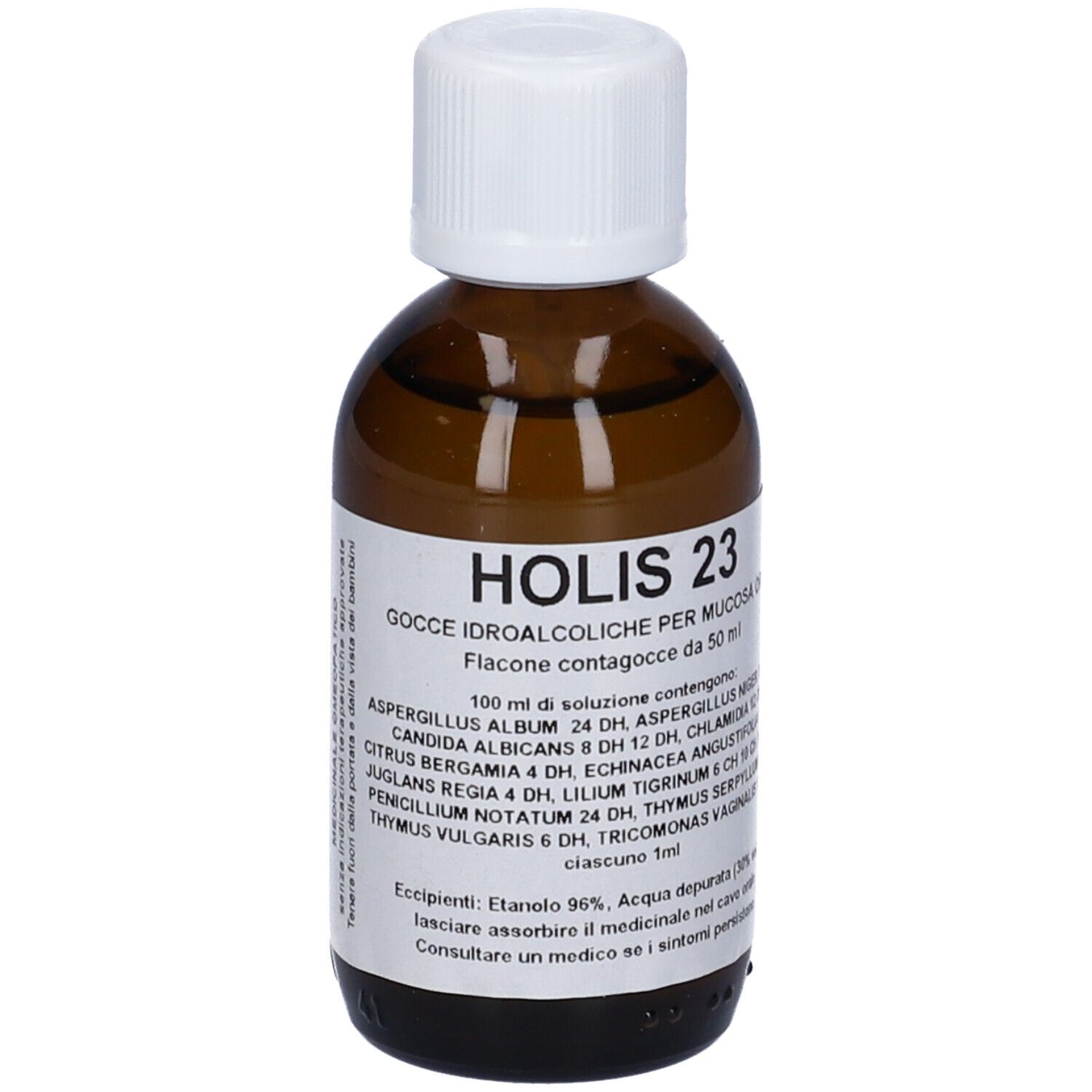 Flacone di vetro marrone con tappo bianco. Etichetta con testo: Holis 23, gocce per mucosa orale. Contiene ingredienti.