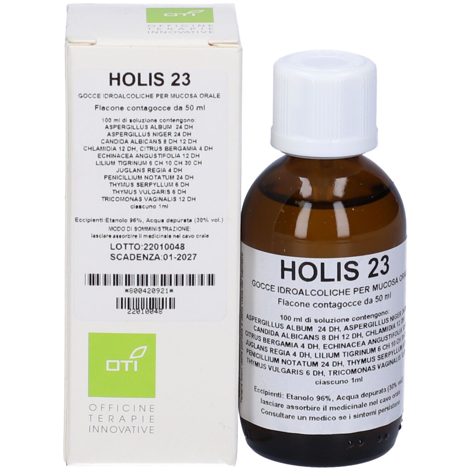 Flacone di vetro marrone e scatola. Flacone con tappo bianco. Scatola con testo: Holis 23, gocce per mucosa orale.