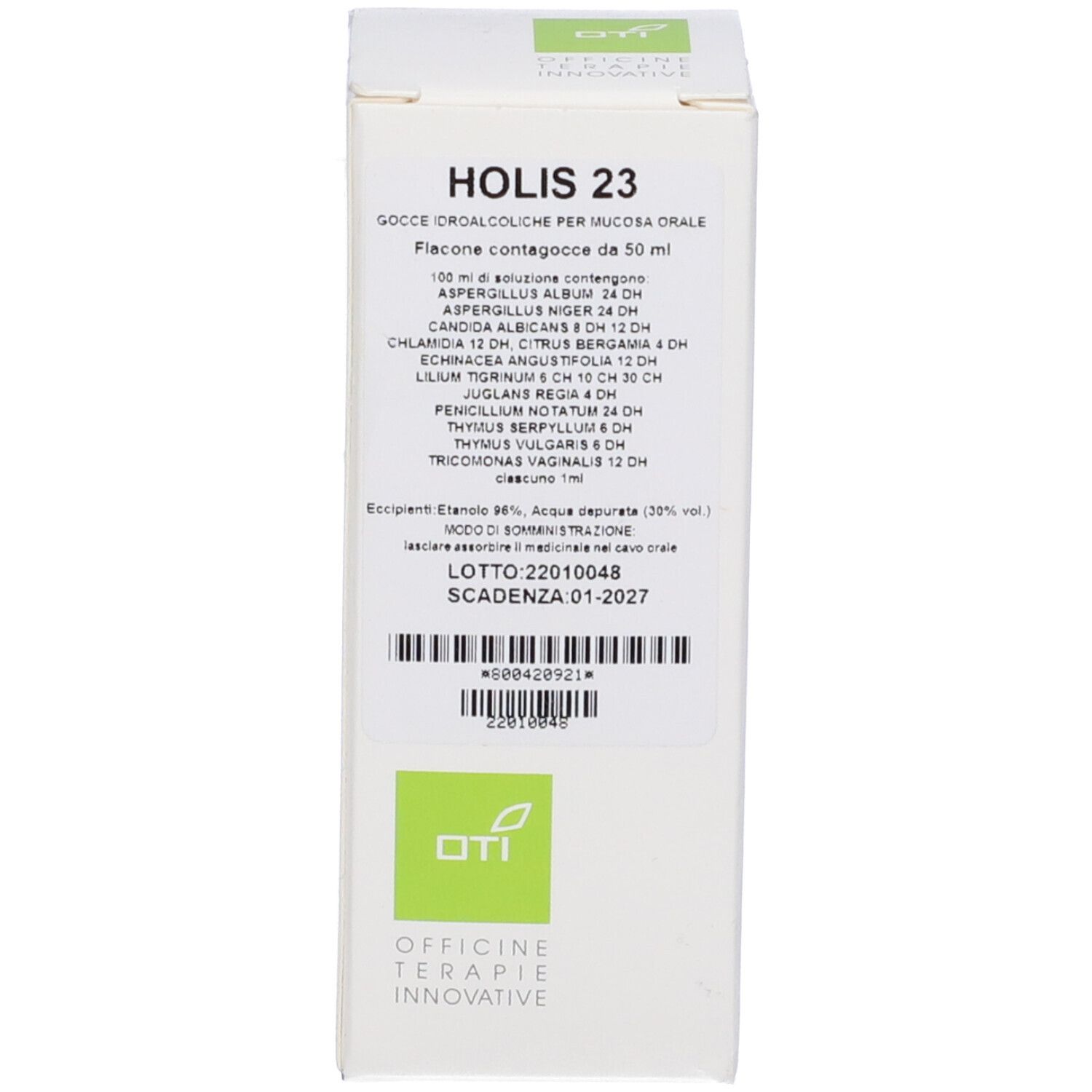 Scatola con testo: Holis 23, gocce per mucosa orale. Contiene ingredienti. In alto: Logo OTI Officine Terapie Innovative.