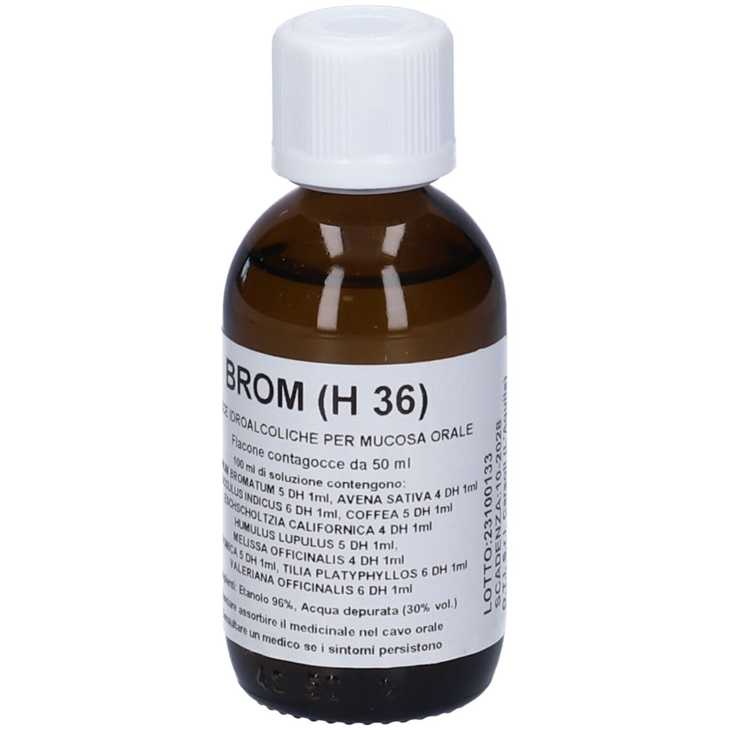 Flacone di vetro marrone con tappo bianco. Etichetta con testo. Flacone contagocce.