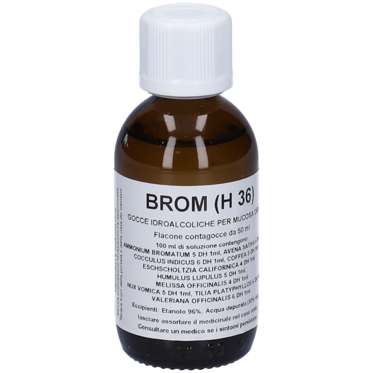 Flacone di vetro marrone con tappo bianco. Etichetta con testo. Flacone contagocce.