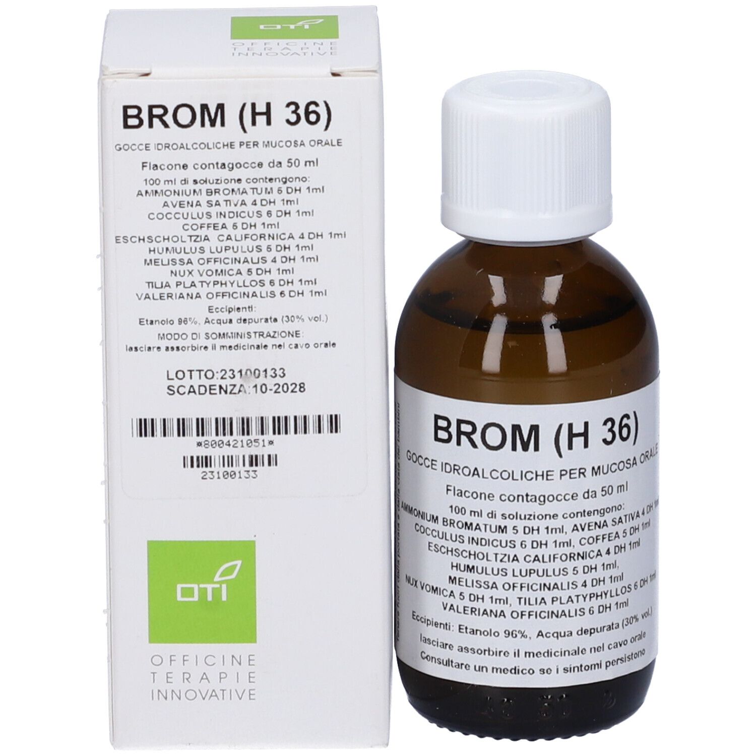 Flacone di vetro marrone con tappo bianco e scatola. Etichetta con testo. Flacone contagocce.