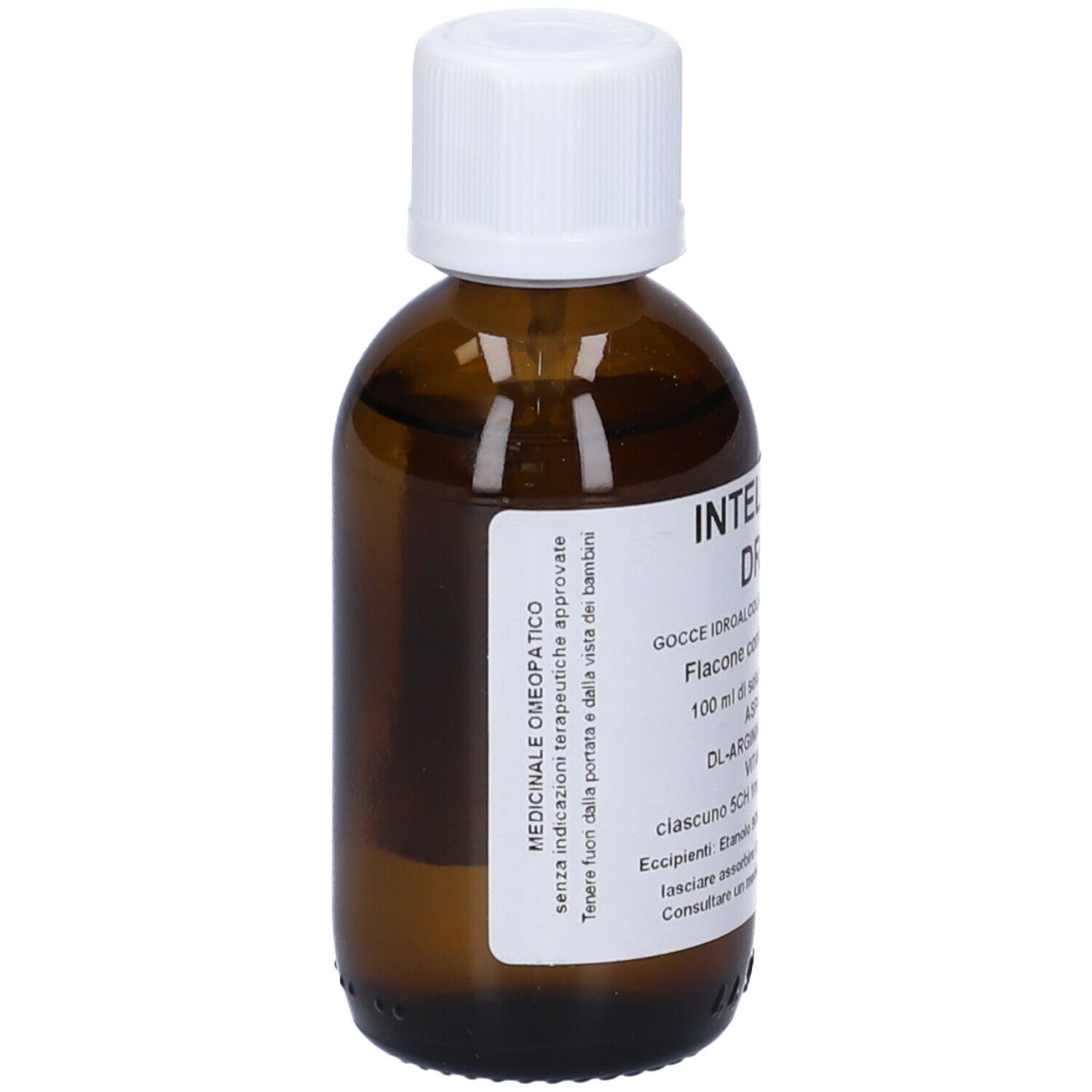 Flacone di vetro marrone con tappo bianco. Etichetta con informazioni sul prodotto e indicazione di medicinale omeopatico.