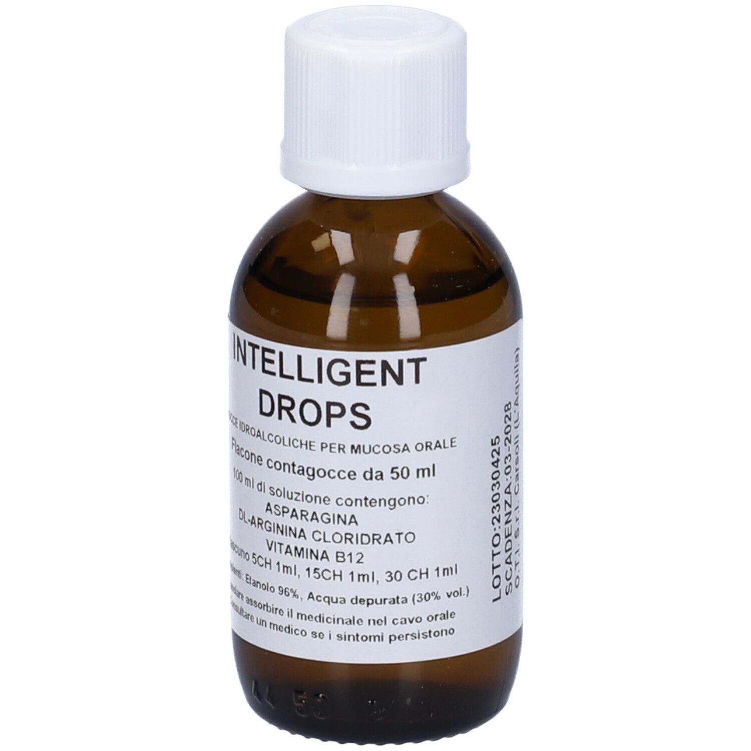 Flacone di vetro marrone con tappo bianco. Etichetta con nome del prodotto e ingredienti. Gocce per mucosa orale.
