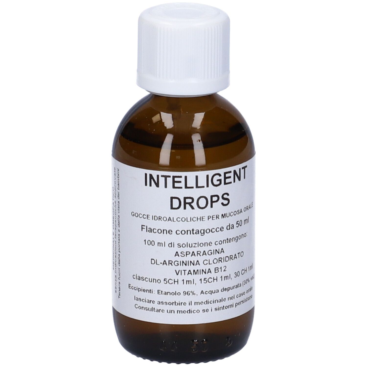 Flacone di vetro marrone con tappo bianco. Etichetta con nome del prodotto e ingredienti. Gocce per mucosa orale.