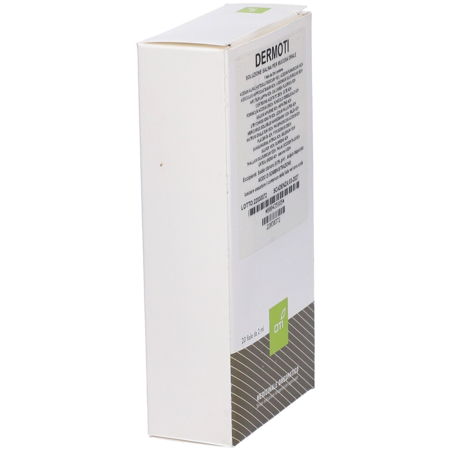 Scatola bianca con striscia marrone. Scritto: DERMOTI. 20 fiale da 2 ml. Logo OTI. Medicinali omeopatici.