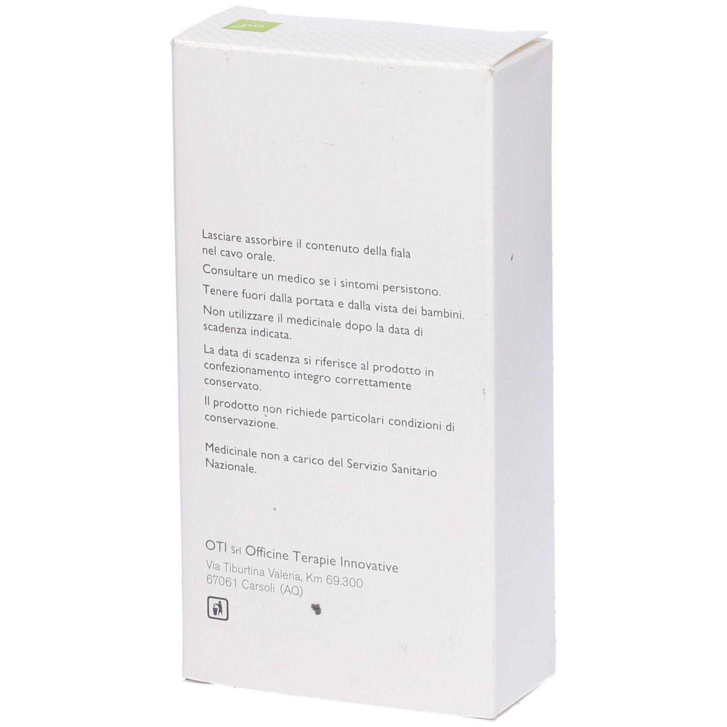 Scatola bianca, retro. Testo: istruzioni, precauzioni. Indirizzo OTI. Medicinali omeopatici.