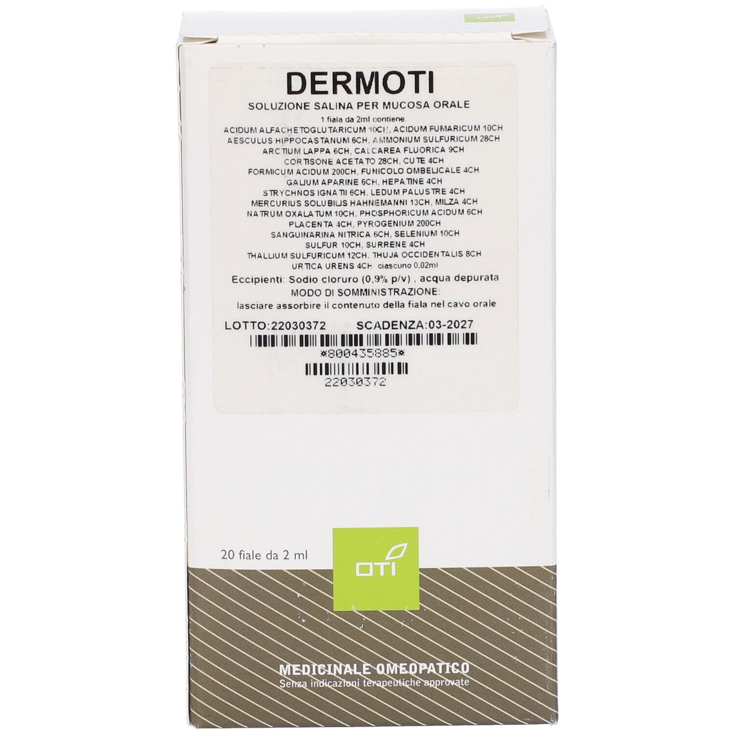Scatola bianca con informazioni sul prodotto. Scritto: DERMOTI, 20 fiale da 2 ml. Logo OTI. Medicinali omeopatici.