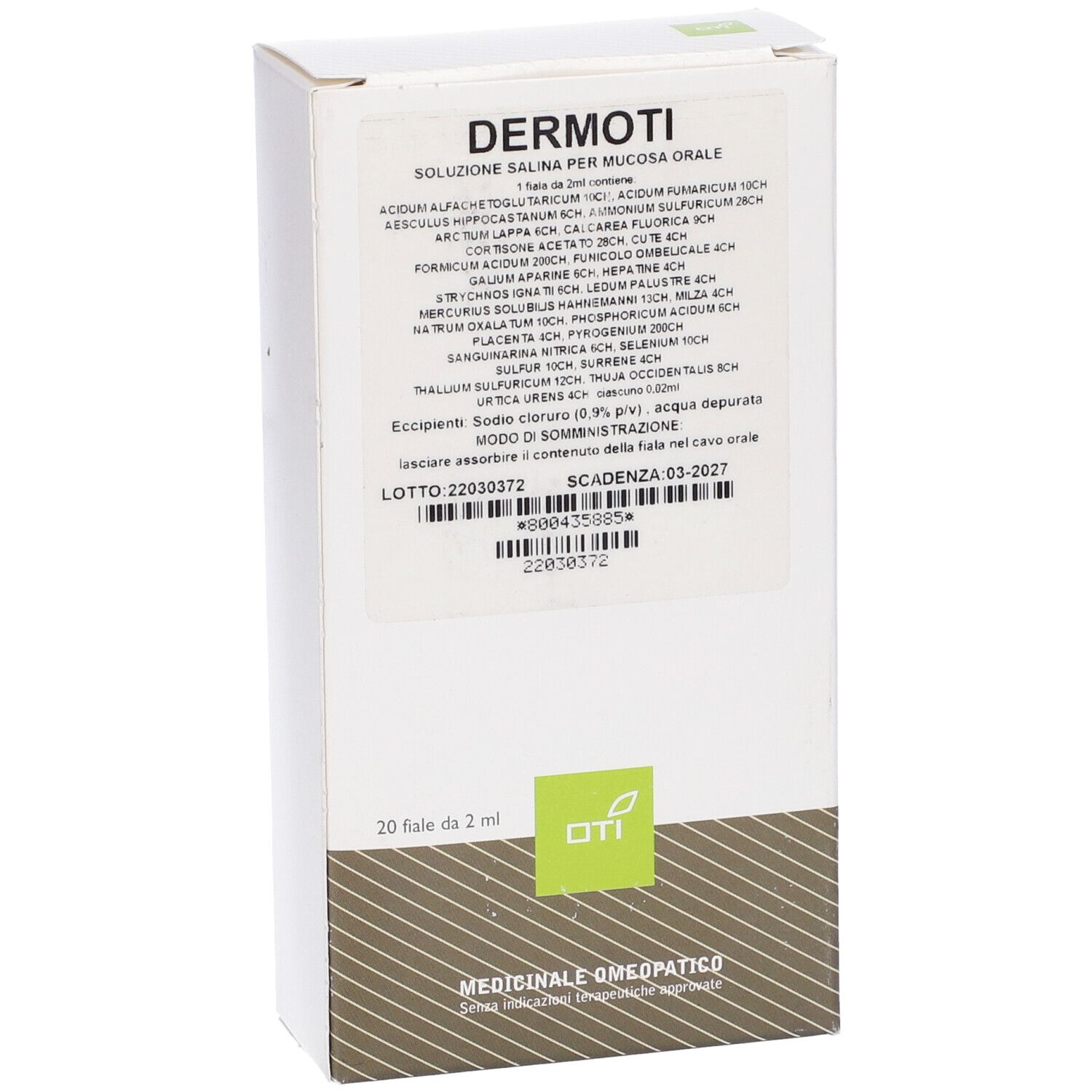 Scatola bianca con informazioni sul prodotto. Scritto: DERMOTI, 20 fiale da 2 ml. Logo OTI. Medicinali omeopatici.