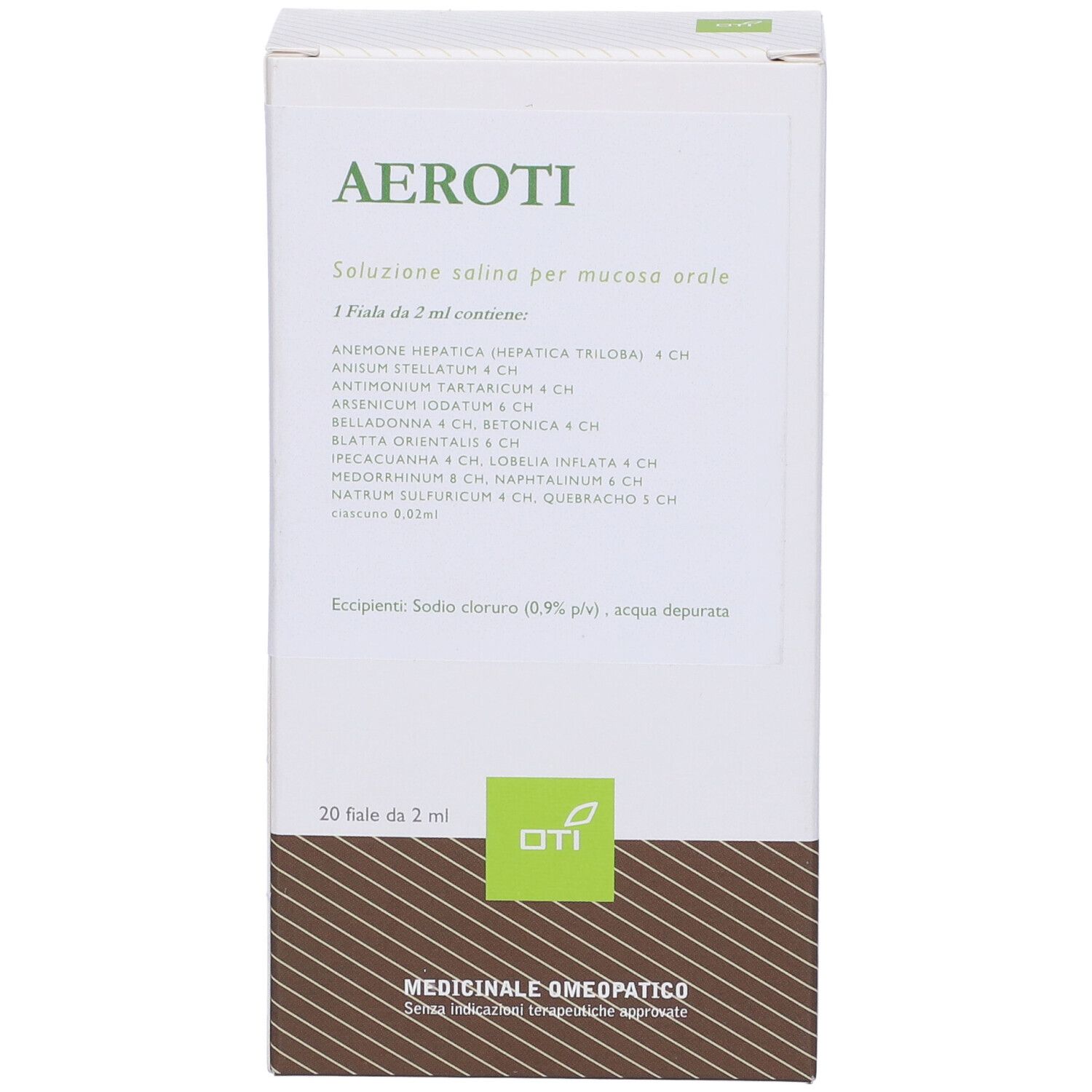 Scatola bianca AEROTI. Contiene 20 fiale da 2 ml. Logo OTI verde. Ingredienti e dettagli.