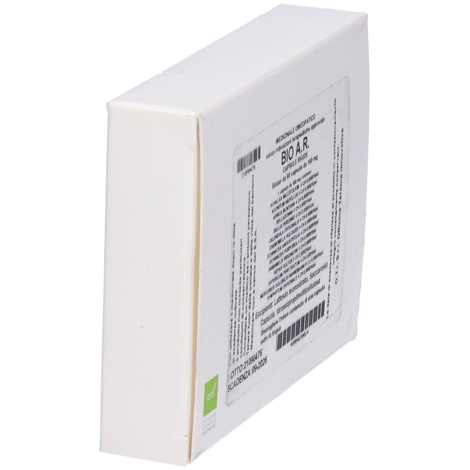 Scatola bianca vista di lato. Testo: BIO A.R. CAPSULE RIGIDE. Logo OTI e informazioni sul prodotto.