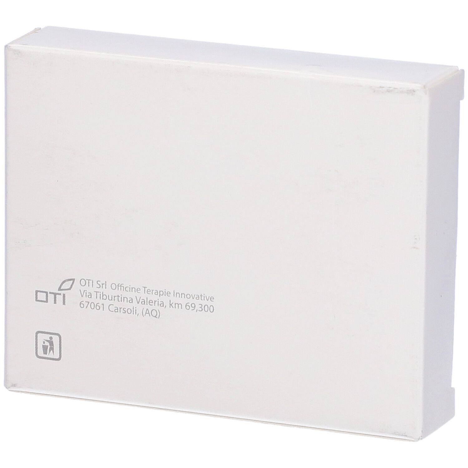 Scatola bianca, retro. Logo OTI e indirizzo. Simbolo di riciclaggio.
