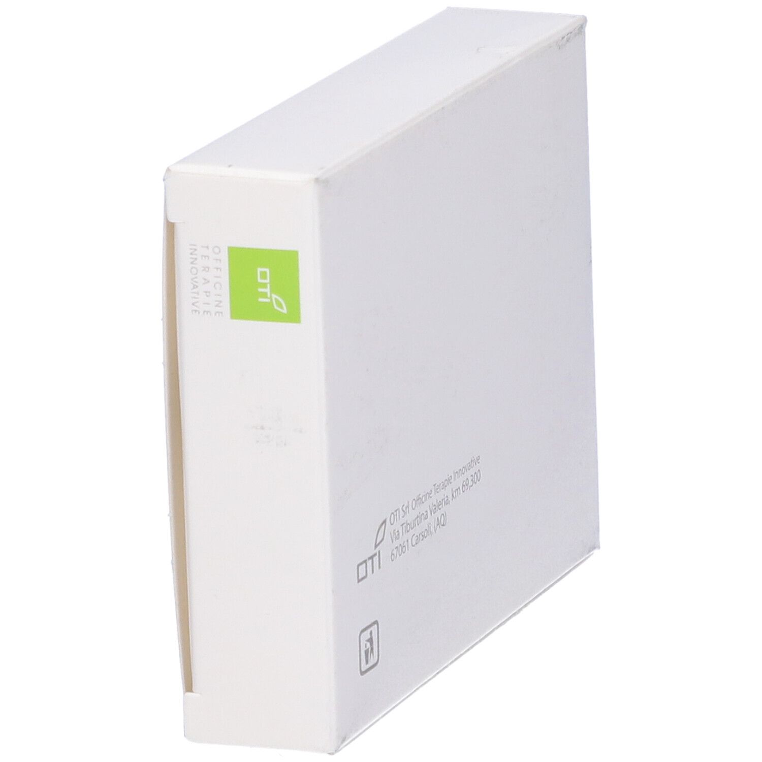 Scatola bianca, vista di lato. Logo OTI e simbolo foglia verde.
