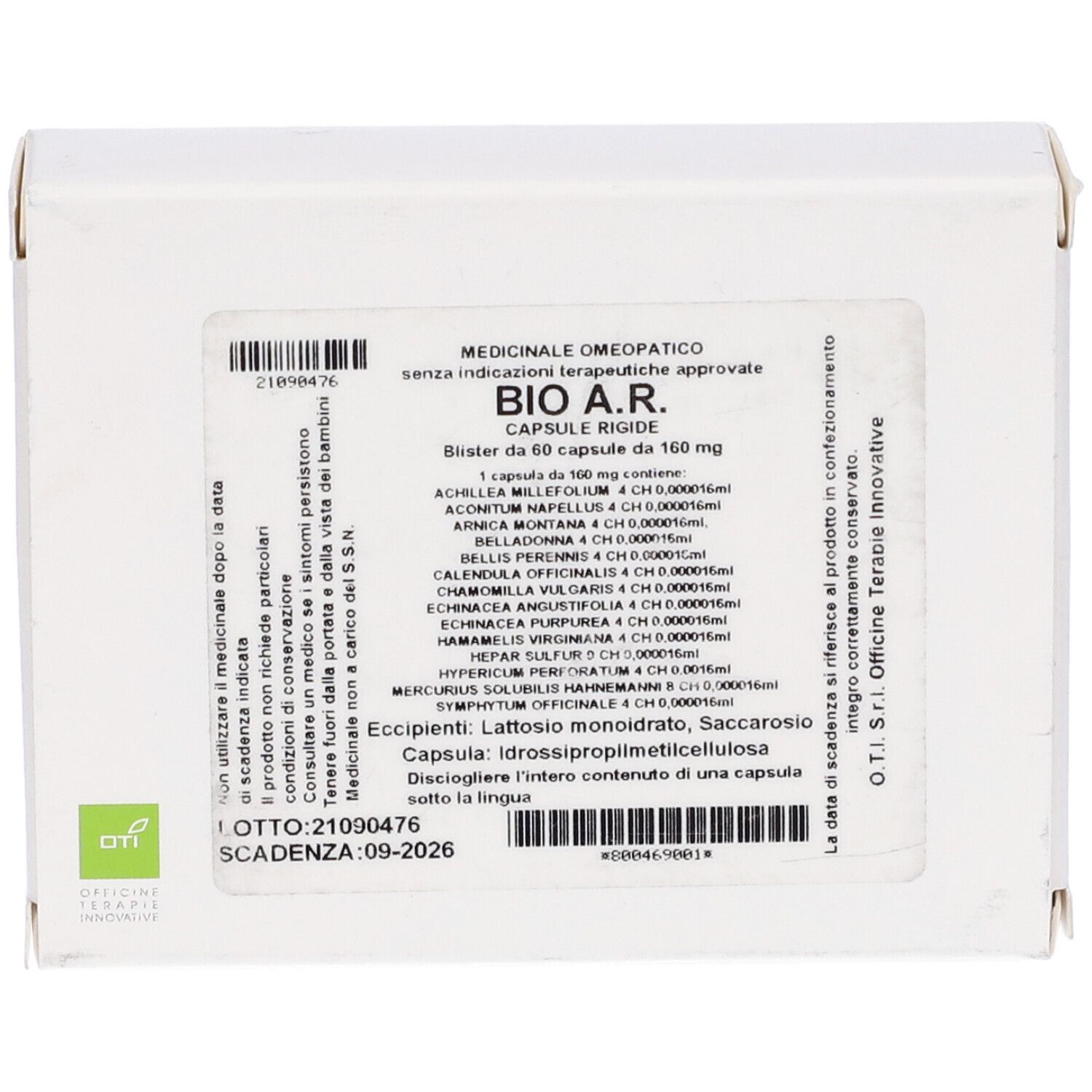 Scatola bianca con informazioni sul prodotto. Testo: BIO A.R. CAPSULE RIGIDE. Contiene 60 capsule. Logo OTI.