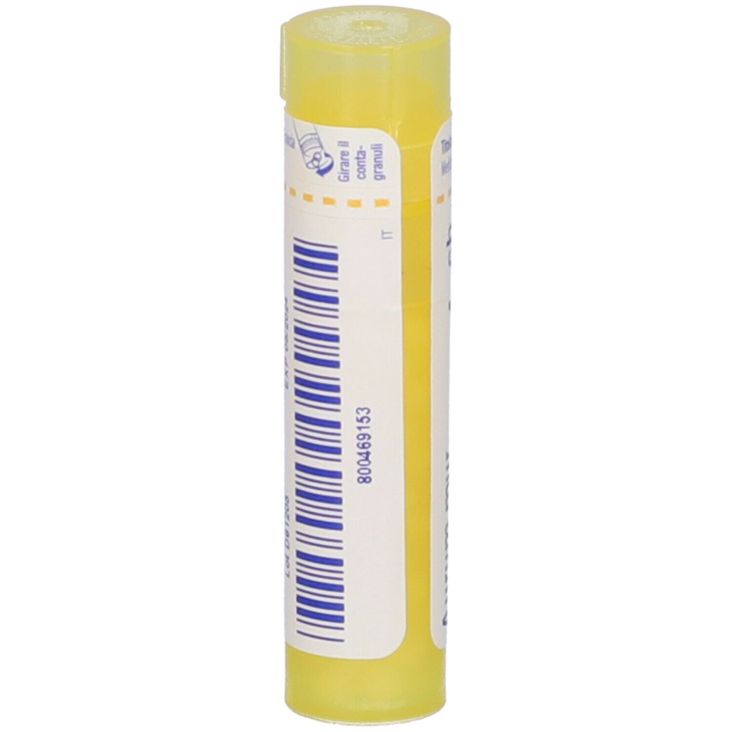 Tubo giallo con codice a barre e testo. Contiene 'Aur mur. natronatum 4 ch'.