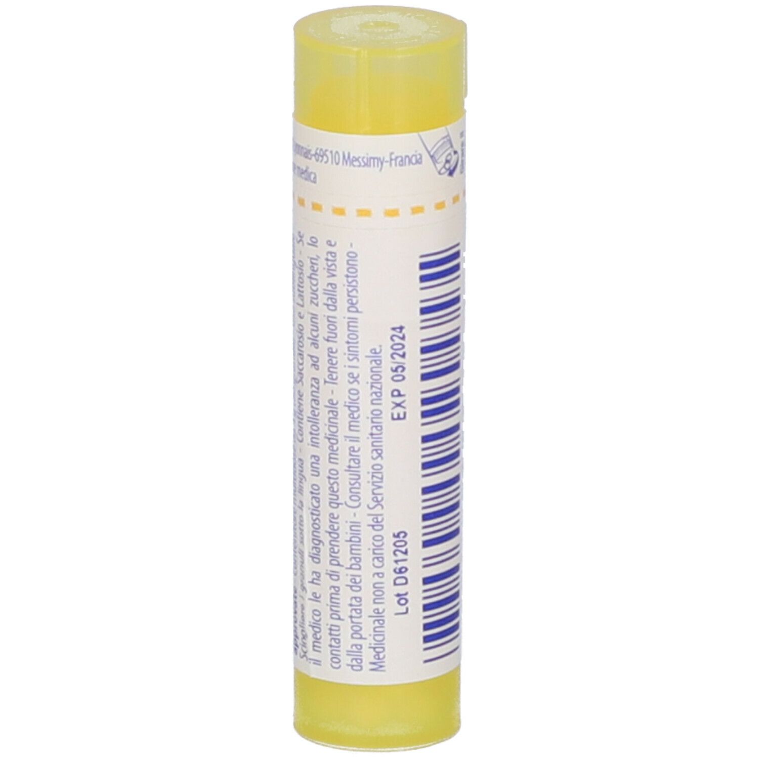 Tubo giallo con testo e 'EXP 05/2024'. Contiene 'Aur mur. natronatum 4 ch'.