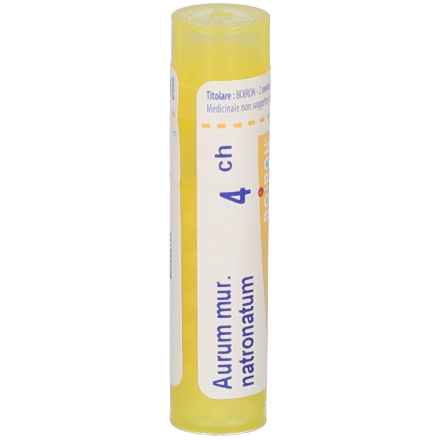 Tubo giallo con 'Aur mur. natronatum 4 ch'. Marchio BOIRON. Vista verticale.