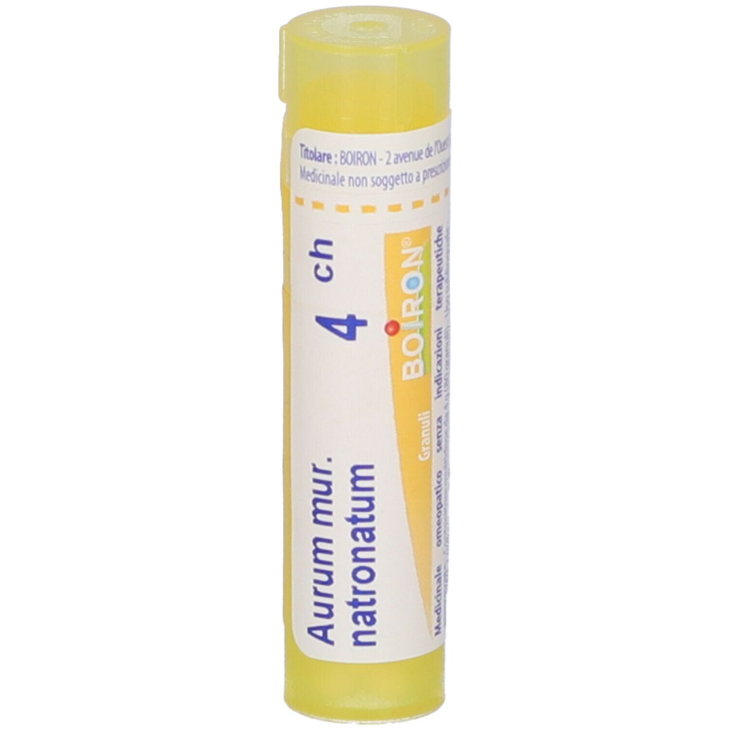 Tubo giallo con 'Aur mur. natronatum 4 ch' e 'BOIRON'.