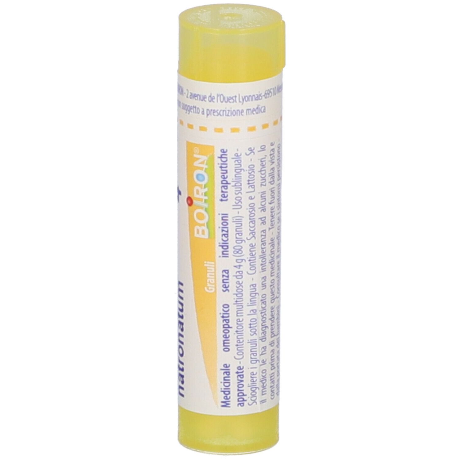 Tubo giallo con testo e 'BOIRON'. Contiene granuli. Medicinale omeopatico.