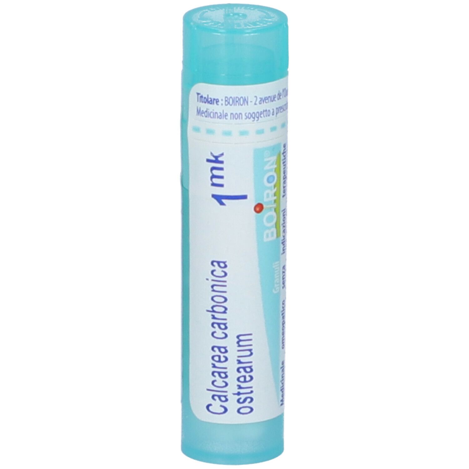 Tubo blu con scritte bianche. Scritta: Calcarea carbonica ostrearum 1 mk, Boiron.