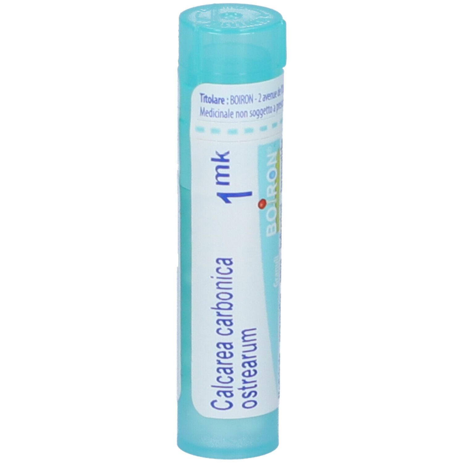 Tubo blu con scritte bianche. Scritta: Calcarea carbonica ostrearum 1 mk, Boiron.