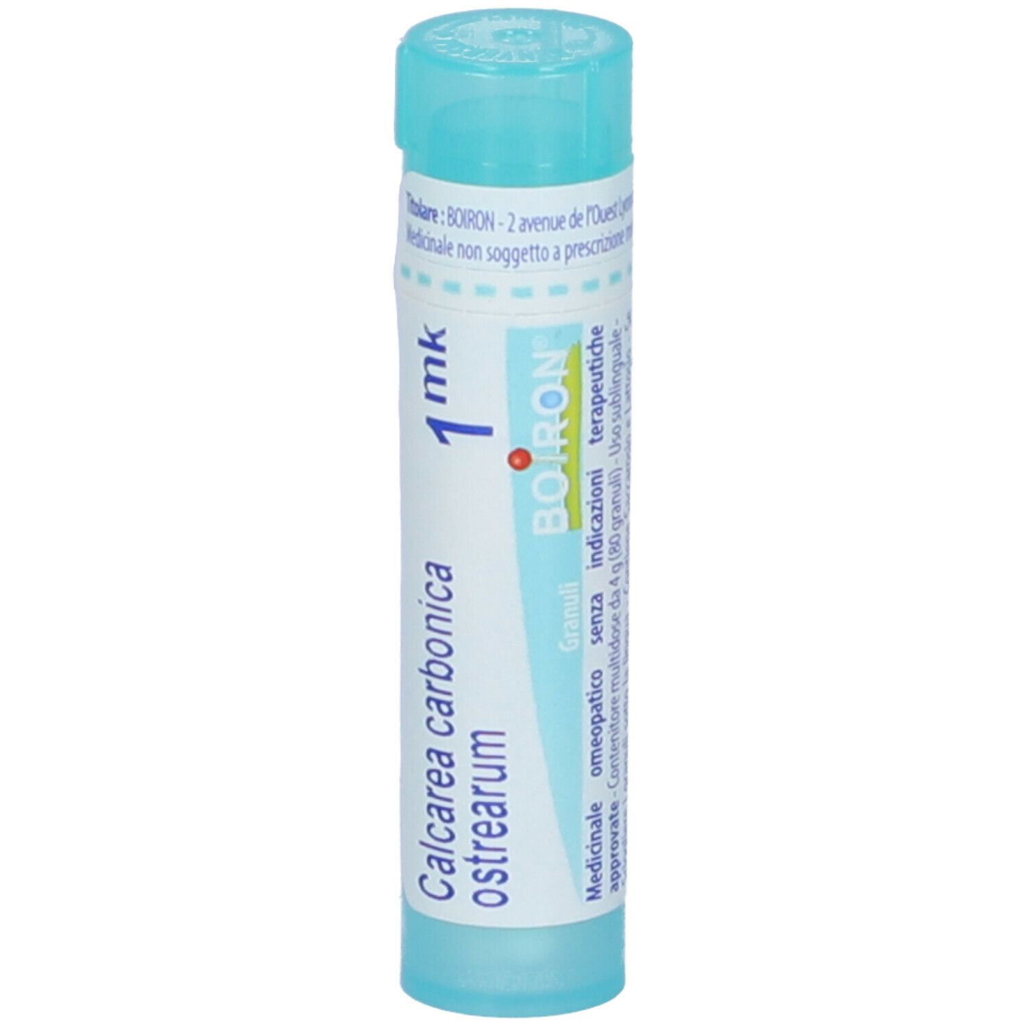 Tubo blu con scritte bianche. Scritta: Calcarea carbonica ostrearum 1 mk, Boiron.