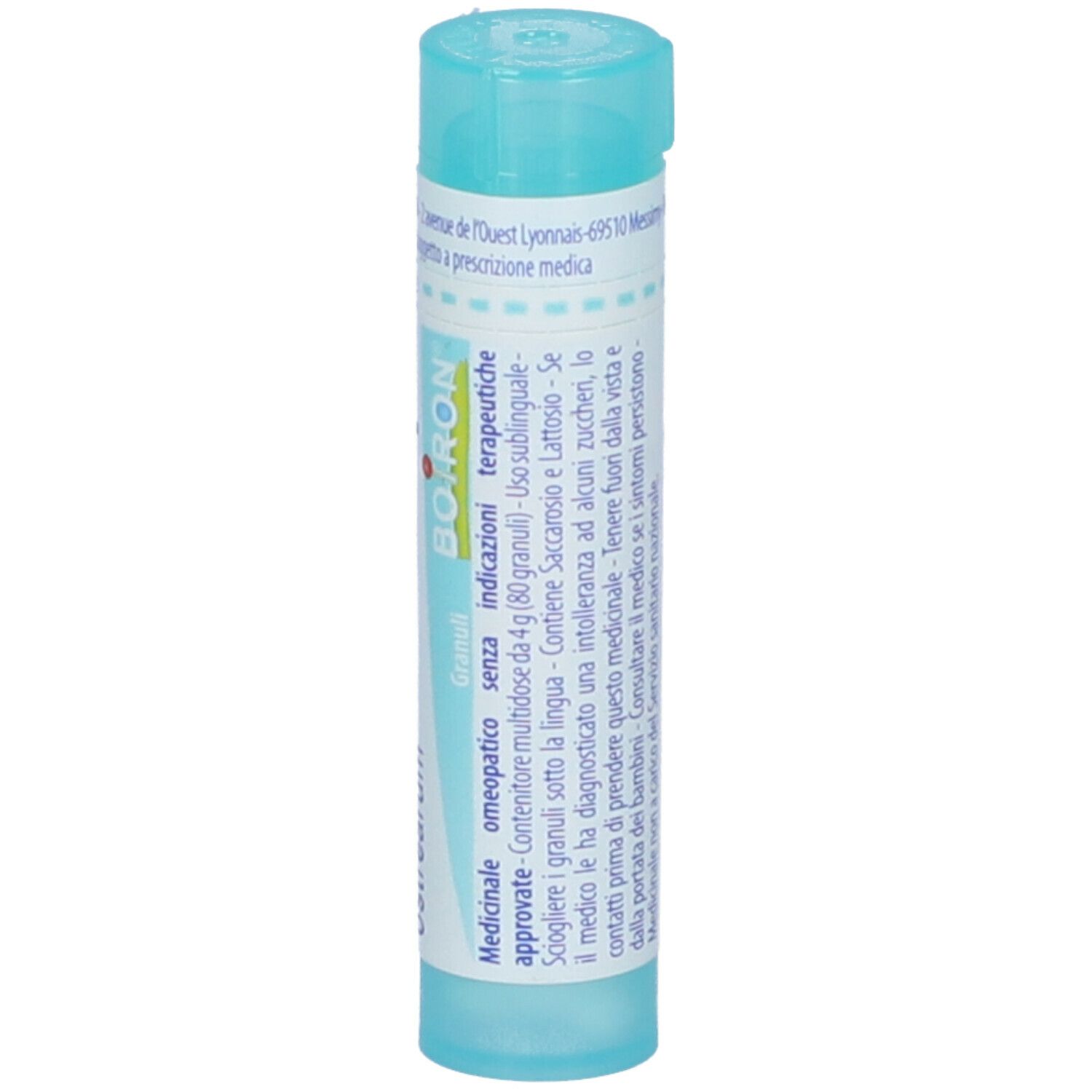 Tubo blu con scritte bianche. Scritta: Calcarea carbonica ostrearum 1 mk, Boiron. Granuli.