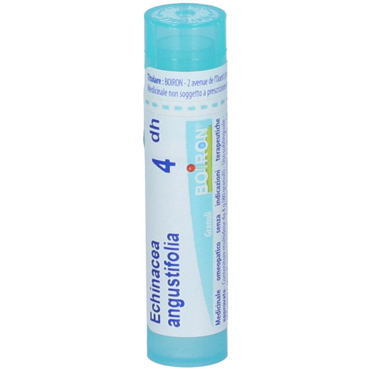 Confezione cilindrica, tappo blu. Testo: Echinacea angustifolia 4 dh, Boiron. Scritta: Granuli, omeopatici.