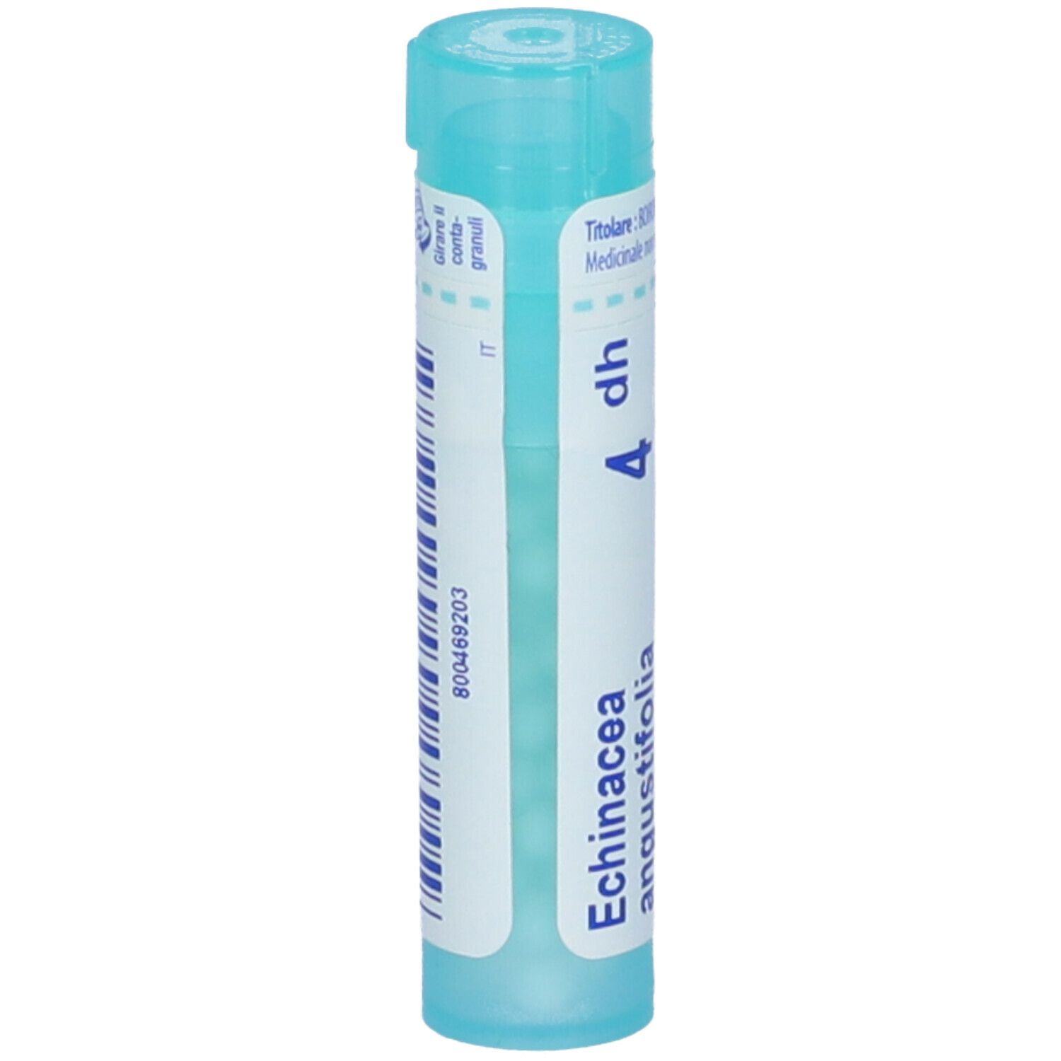 Confezione cilindrica, tappo blu. Testo: Echinacea angustifolia 4 dh. Scritta: Granuli. Etichetta con codice.