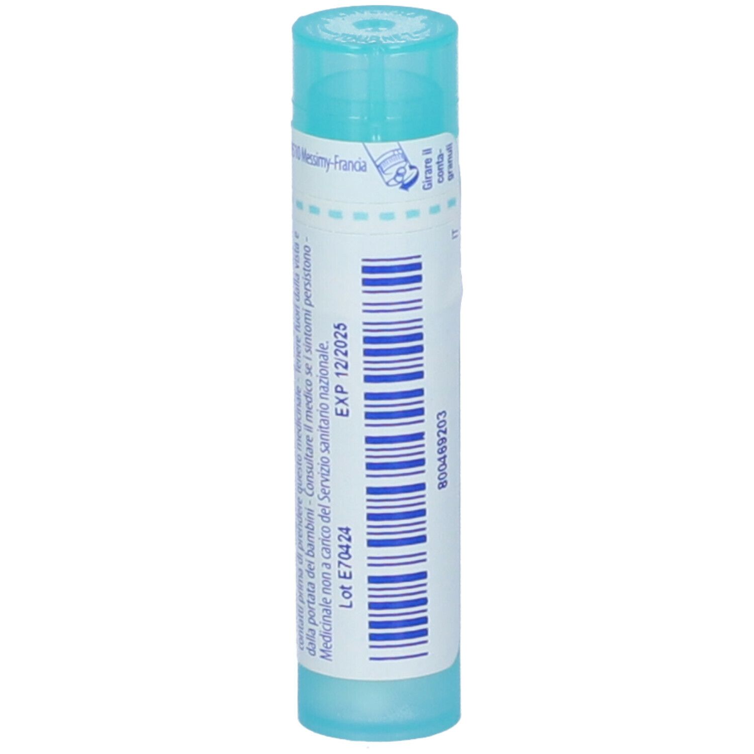 Confezione cilindrica, tappo blu. Testo: Echinacea angustifolia 4 dh. Etichetta con data di scadenza e codice.