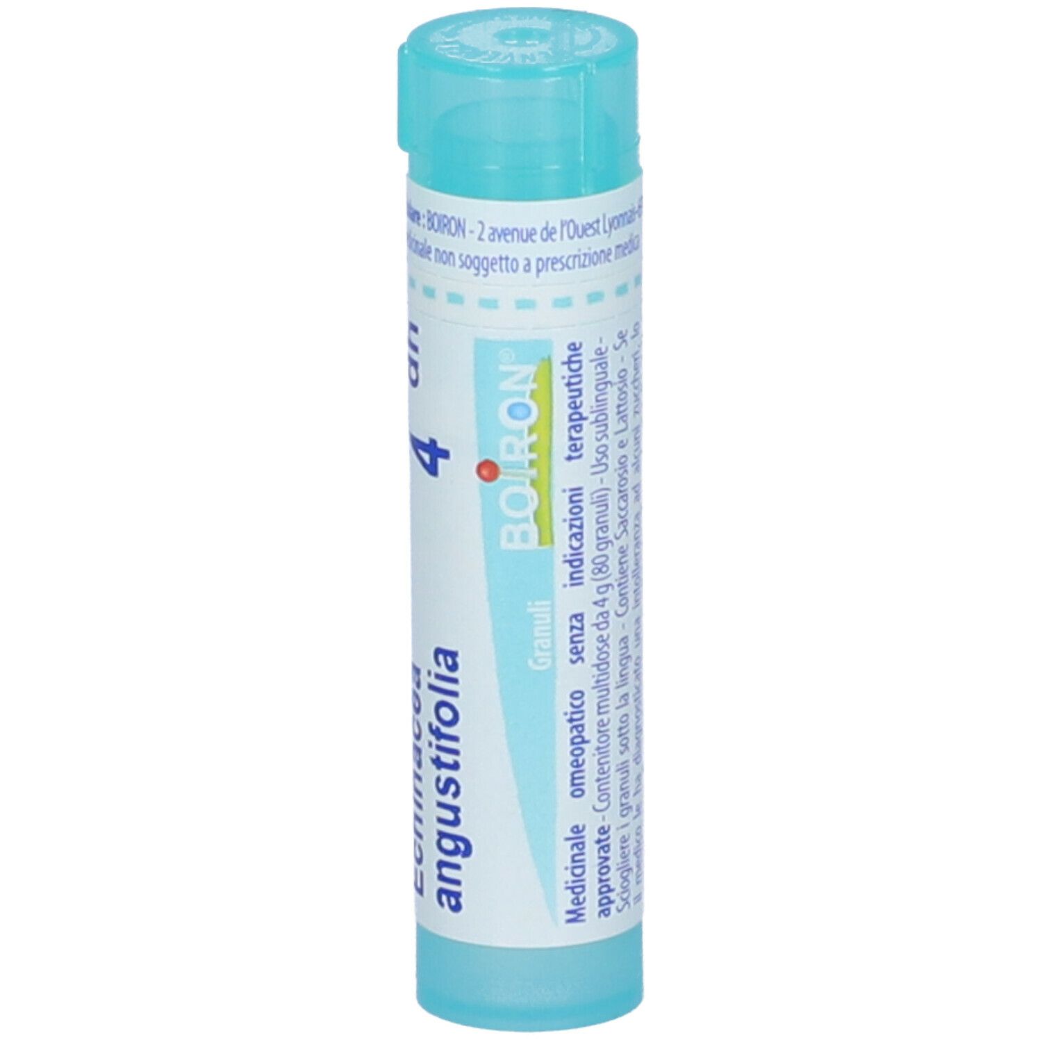 Confezione cilindrica, tappo blu. Testo: Echinacea angustifolia 4 dh, Boiron. Scritta: Granuli, omeopatici.