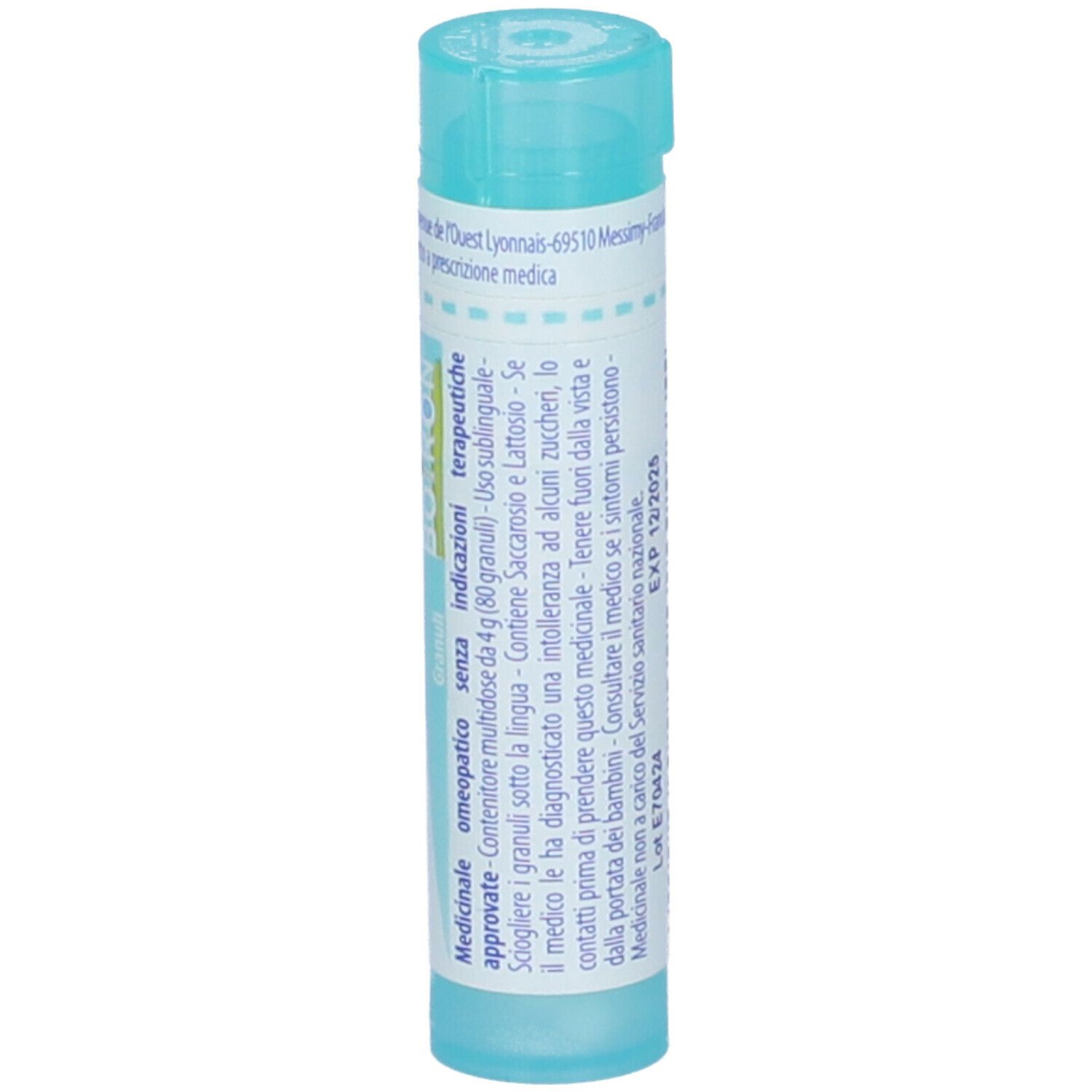 Confezione cilindrica, tappo blu. Testo: Echinacea angustifolia 4 dh, Boiron. Scritta: Granuli, omeopatici.