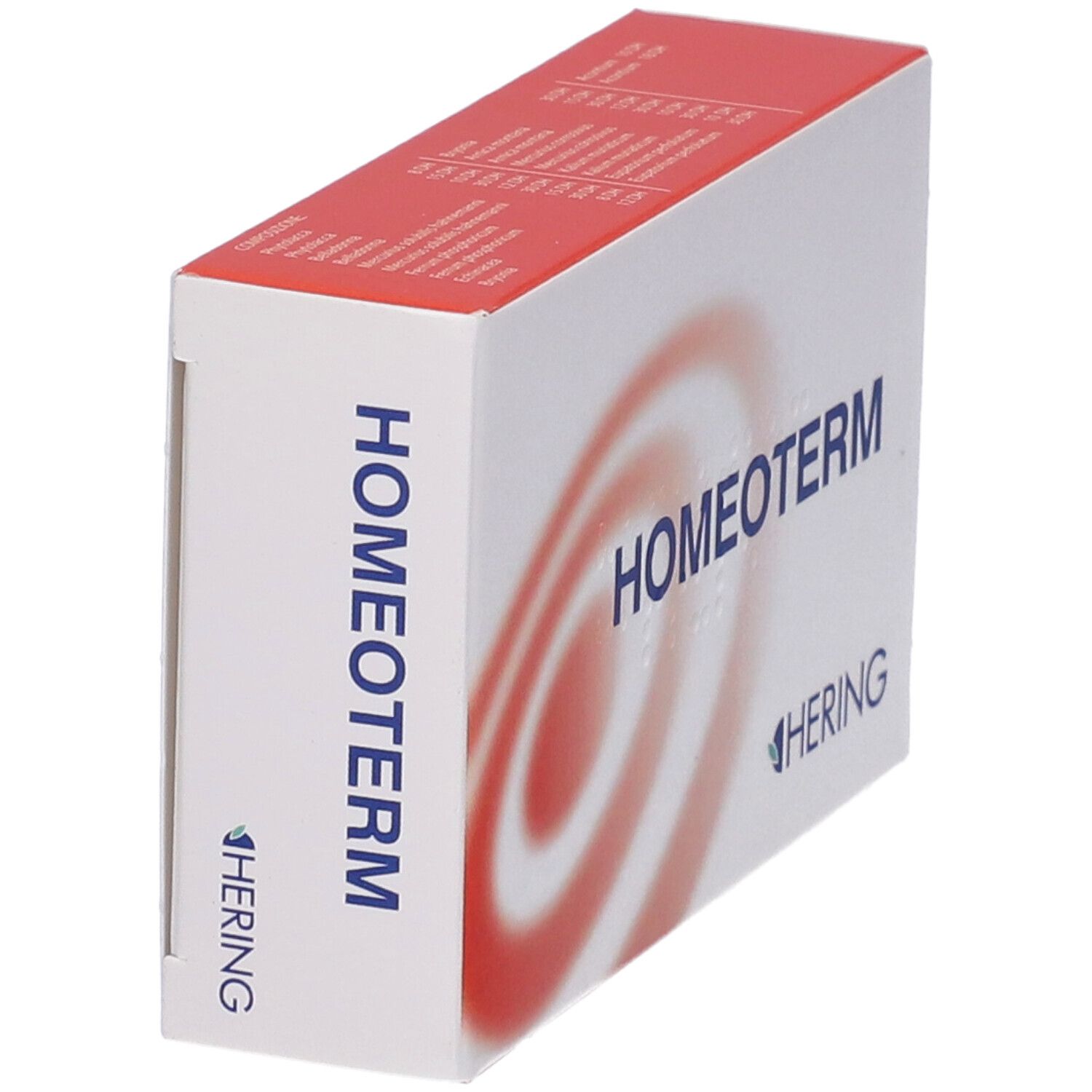 Scatola bianca con scritta HOMEOTERM e logo HERING. Sfondo rosso a spirale. Confezione del prodotto.