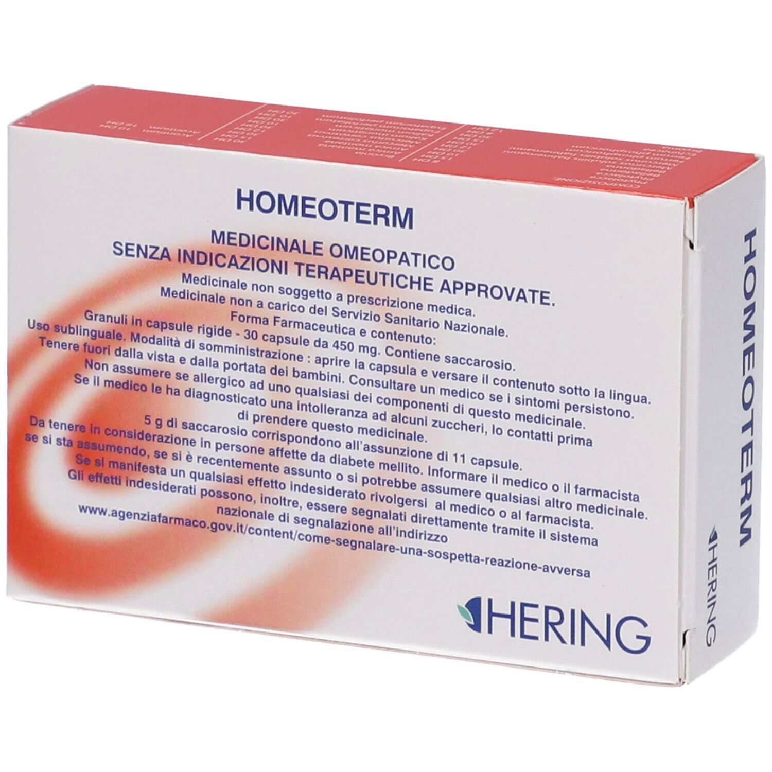 Scatola bianca con scritta HOMEOTERM e logo HERING. Testo sulla confezione. Confezione del prodotto.