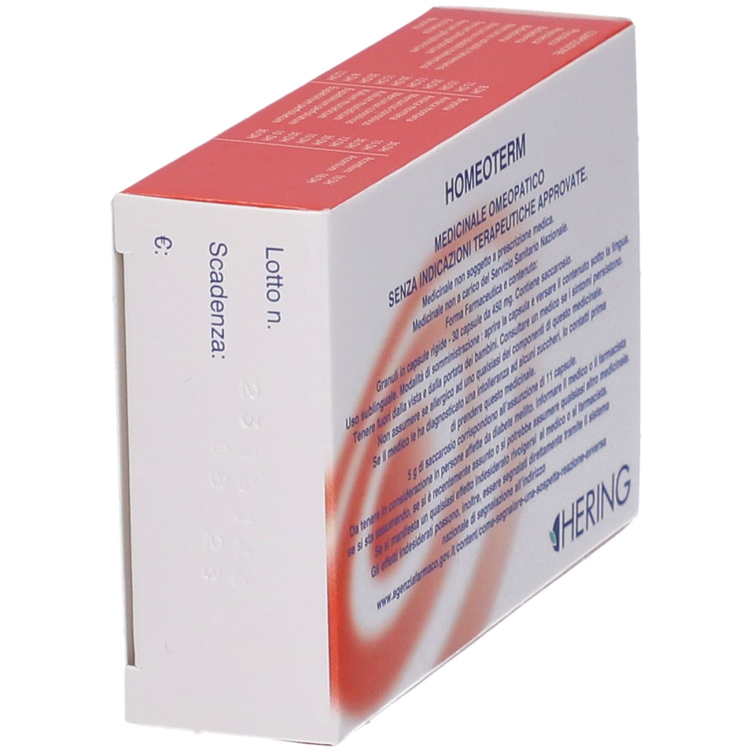 Scatola bianca con scritta HOMEOTERM e logo HERING. Testo sulla confezione. Confezione del prodotto.