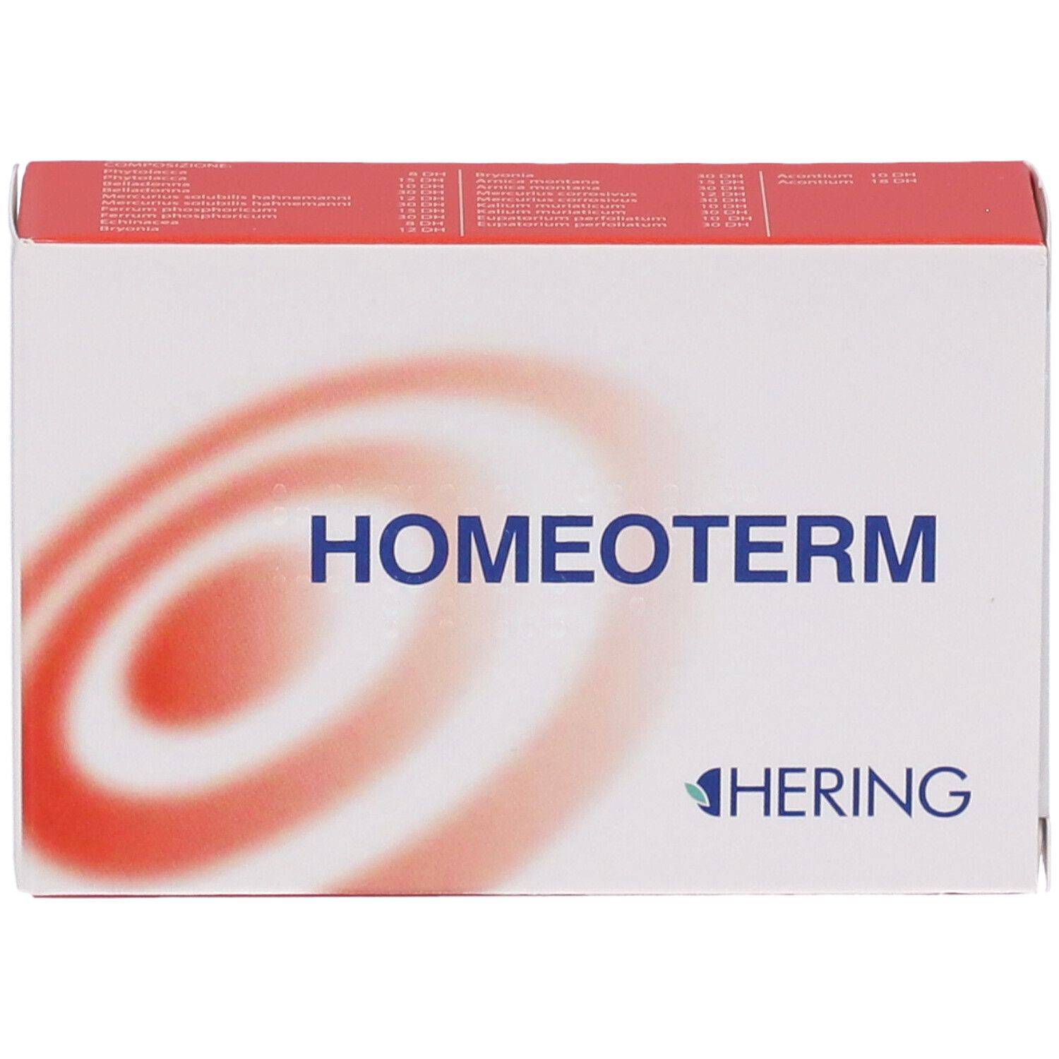 Scatola bianca con scritta HOMEOTERM e logo HERING. Sfondo rosso a spirale. Confezione del prodotto.