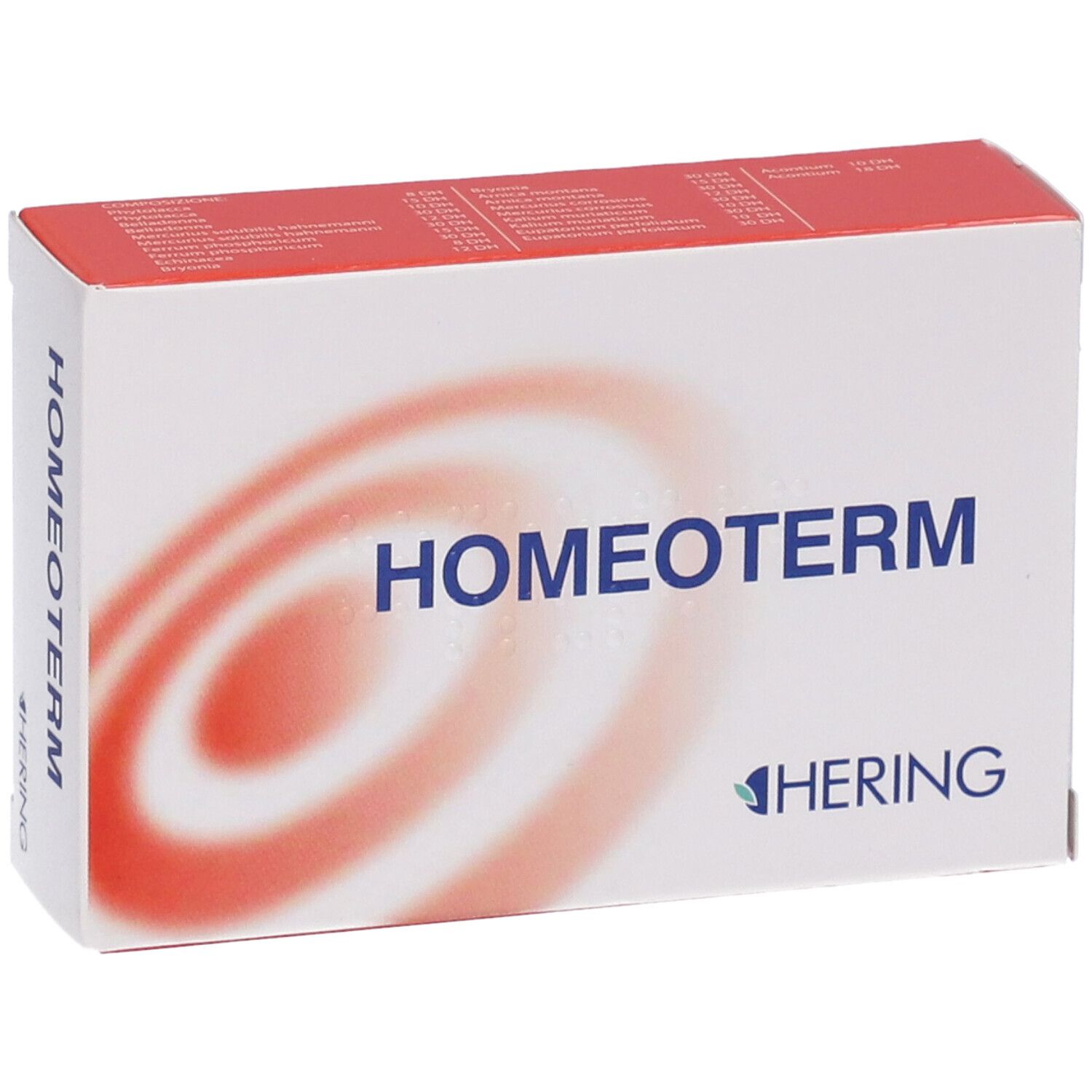 Scatola bianca con scritta HOMEOTERM e logo HERING. Sfondo rosso a spirale. Confezione del prodotto.
