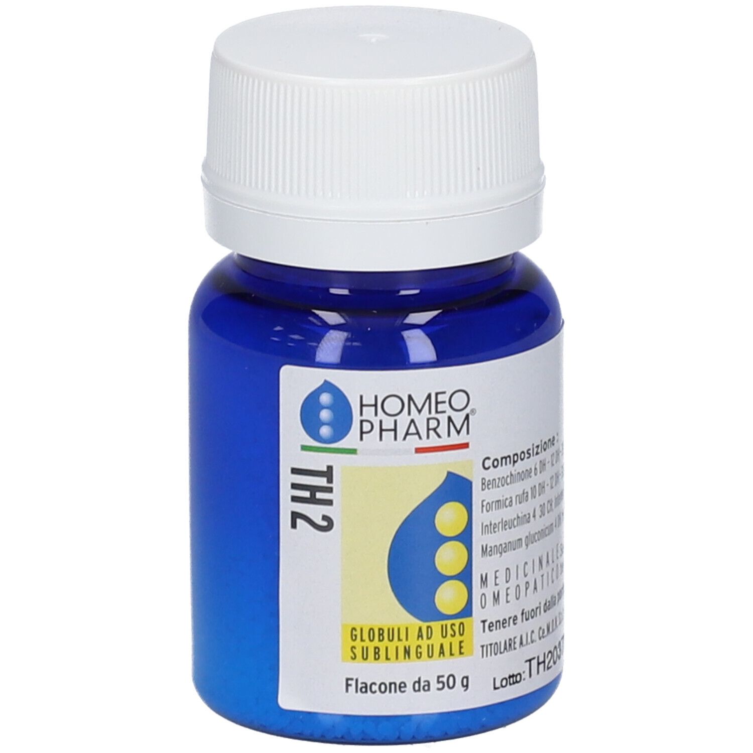 Flacone blu con tappo bianco. Scritta Homeopharm TH2. Etichetta con ingredienti e dosaggio.