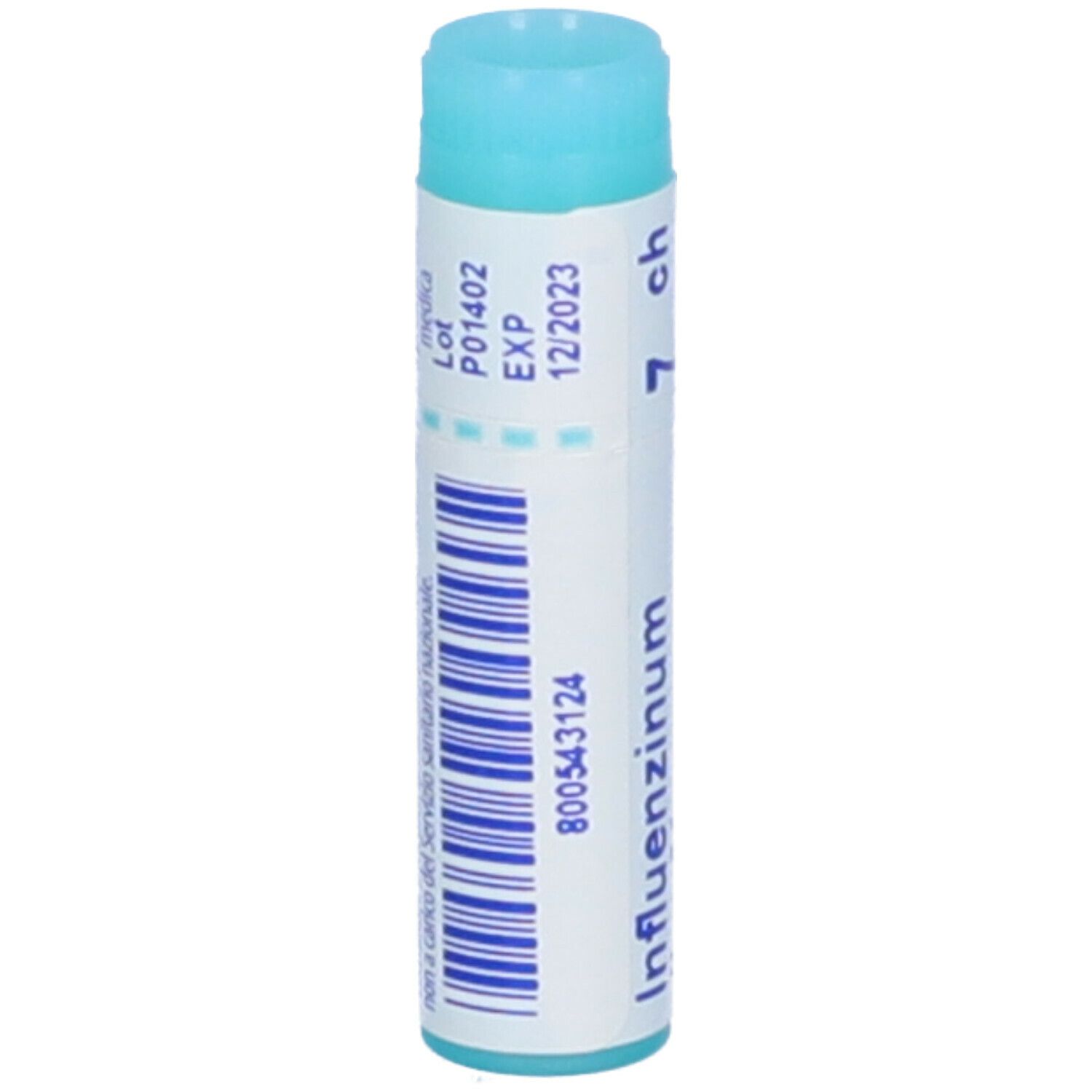 Confezione monodose cilindrica. Scritta: Influenzinum (i.n.f.) 7 ch, EXP 12/2023, Codice a barre.