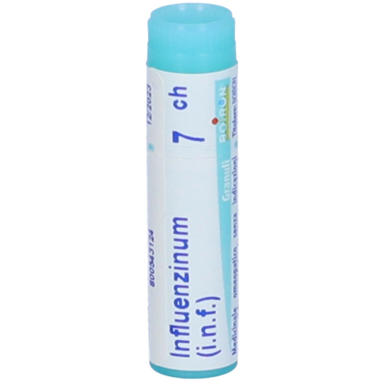 Confezione monodose cilindrica. Scritta: Influenzinum (i.n.f.) 7 ch, BOIRON, Granuli.