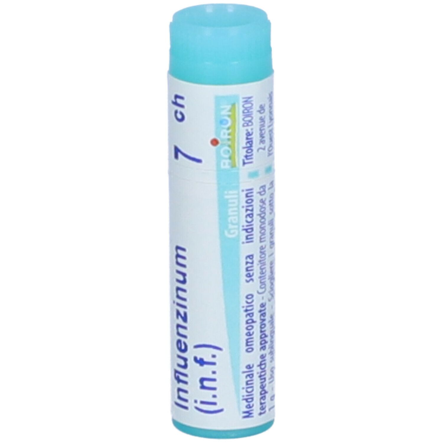 Confezione monodose cilindrica. Scritta: Influenzinum (i.n.f.) 7 ch, BOIRON, Granuli.