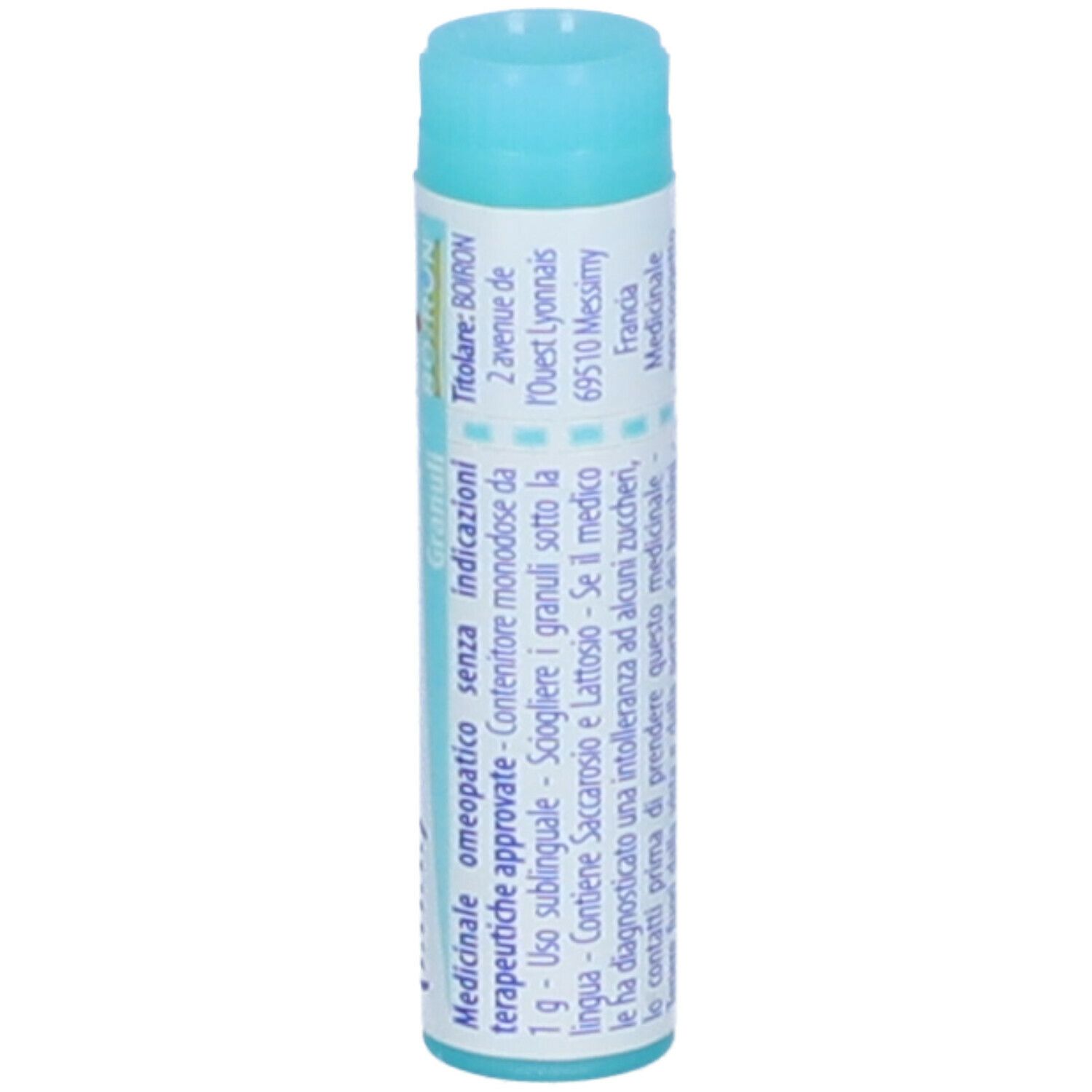 Confezione monodose cilindrica. Scritta: Influenzinum (i.n.f.) 7 ch, BOIRON, Granuli.