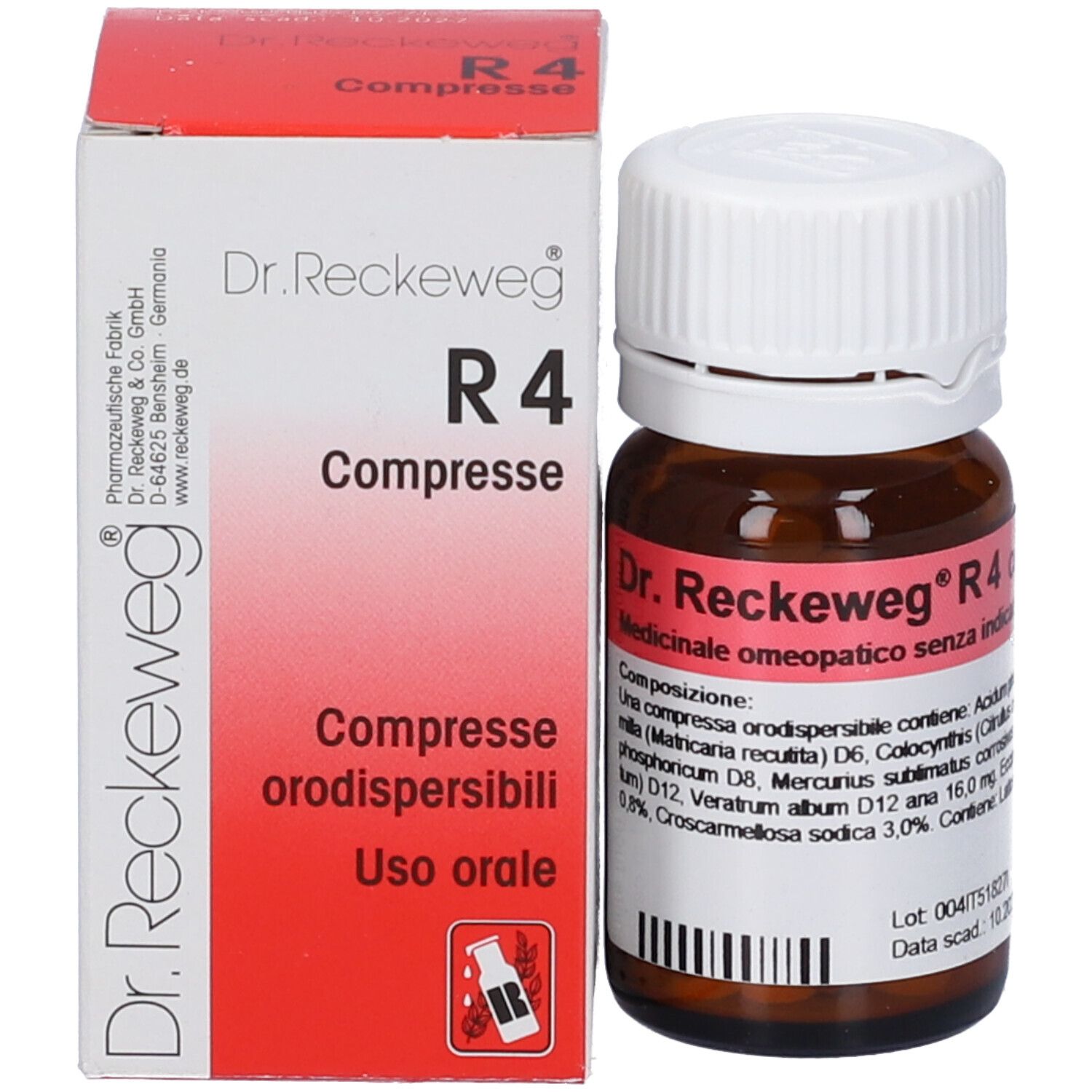 Confezione e flacone. Scritta: Dr. Reckeweg R4 Compresse. Flacone marrone con tappo bianco.