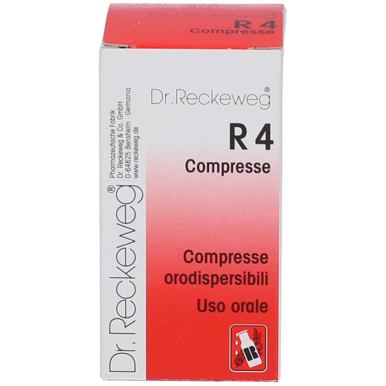 Confezione del prodotto. Scritta: Dr. Reckeweg R4 Compresse. Scatola rossa e bianca.
