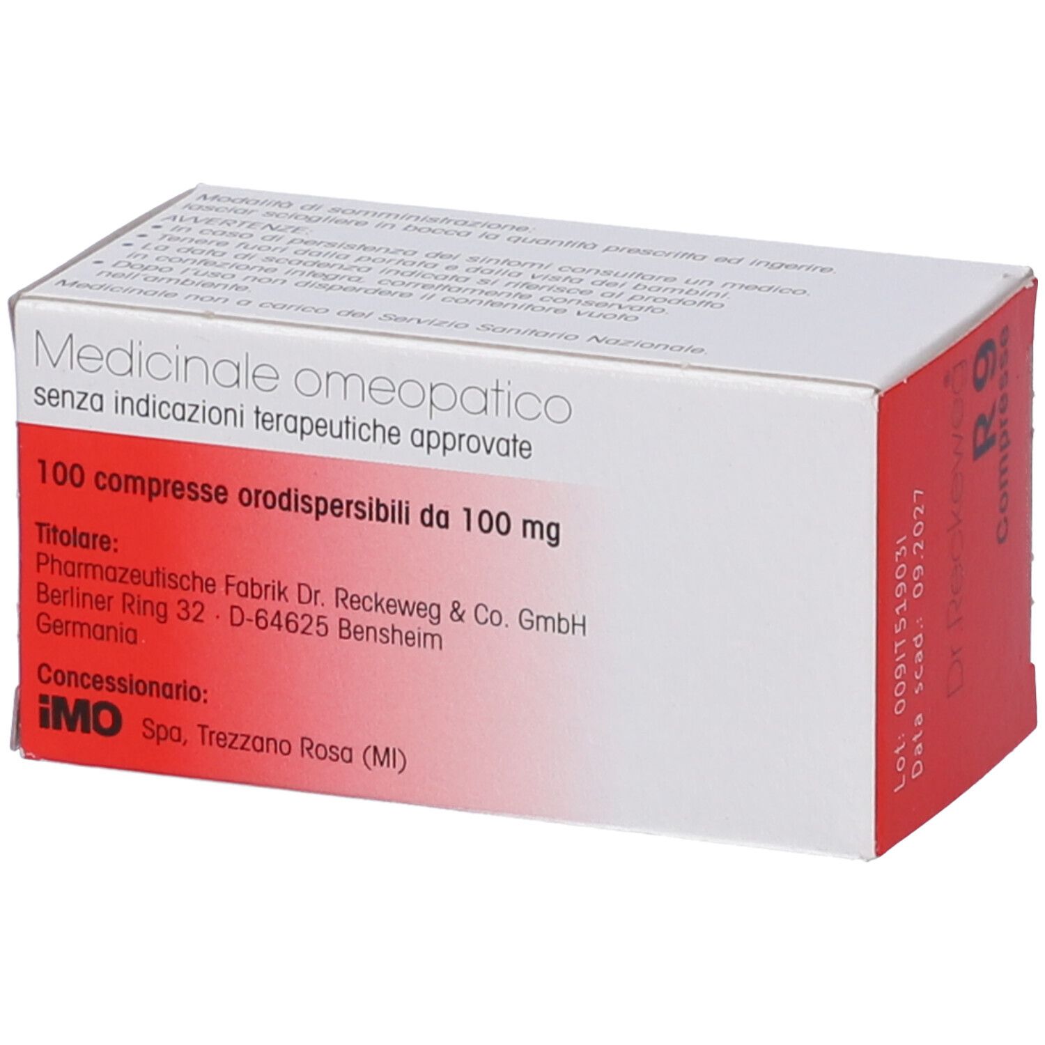 Scatola bianca e rossa. Scritto: Medicinale omeopatico. 100 compresse. Dr. Reckeweg.