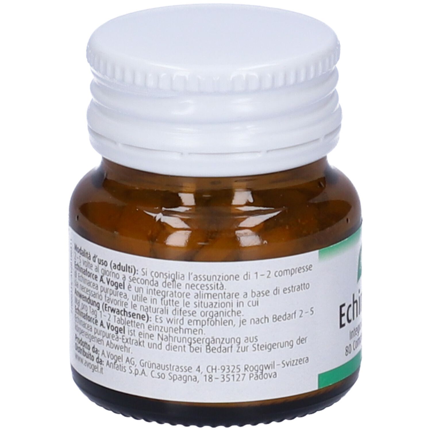 Flacone di vetro marrone con tappo bianco. Etichetta con testo, A.Vogel Echinaforce®, 80 compresse. Integratore.