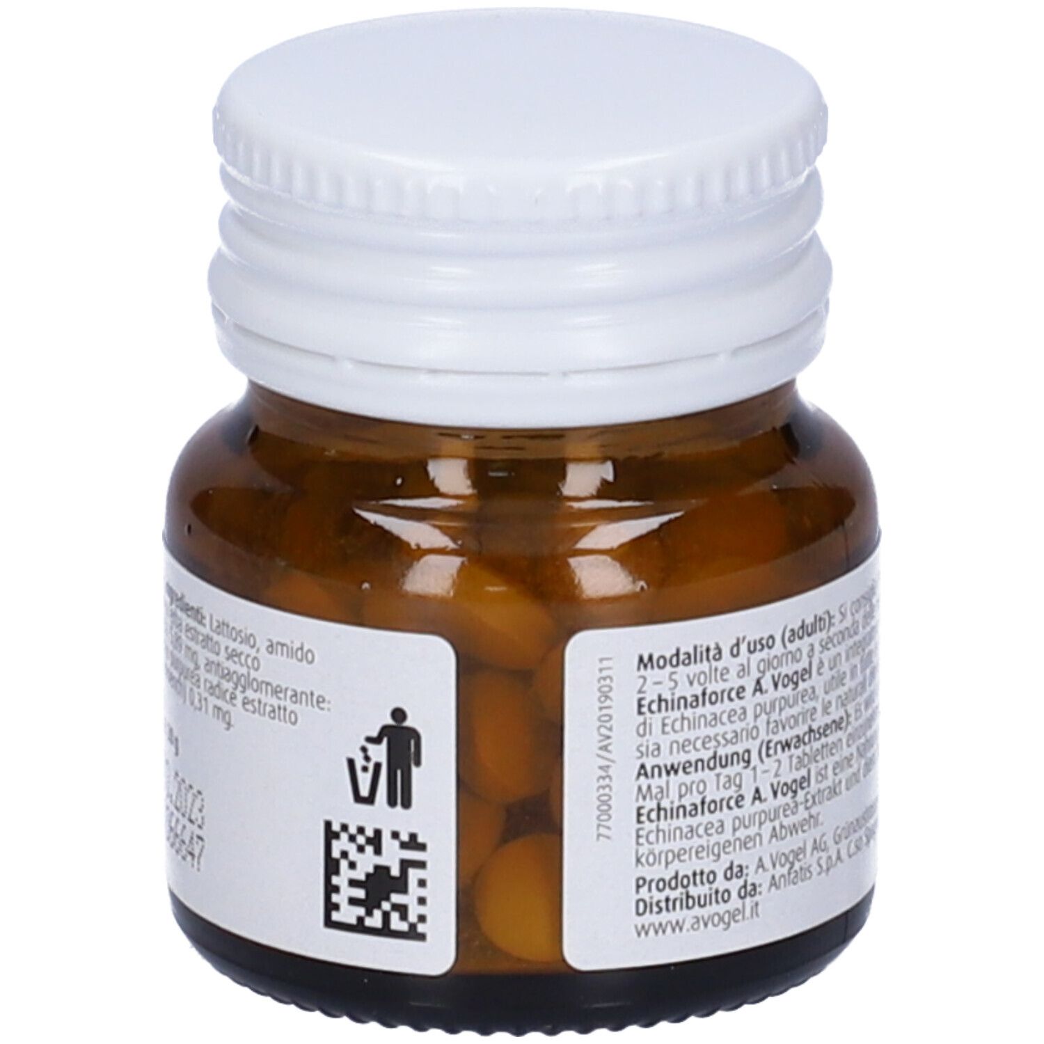 Flacone di vetro marrone con tappo bianco. Etichetta con ingredienti, A.Vogel Echinaforce®, 80 compresse. Integratore.