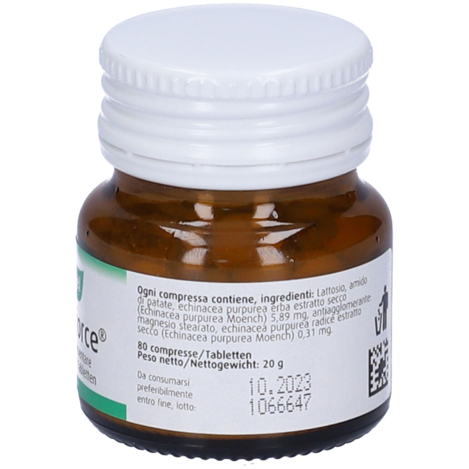 Flacone di vetro marrone con tappo bianco. Etichetta con ingredienti, A.Vogel Echinaforce®, 80 compresse. Integratore.