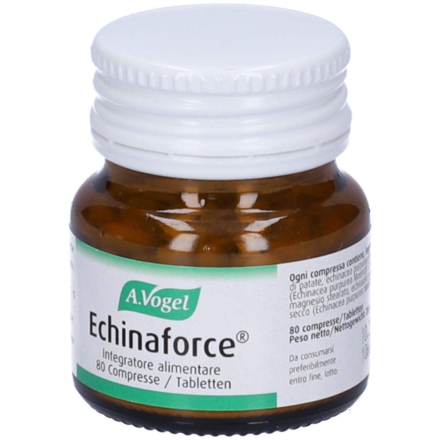 Flacone di vetro marrone con tappo bianco. Etichetta A.Vogel Echinaforce®, 80 compresse. Integratore alimentare.